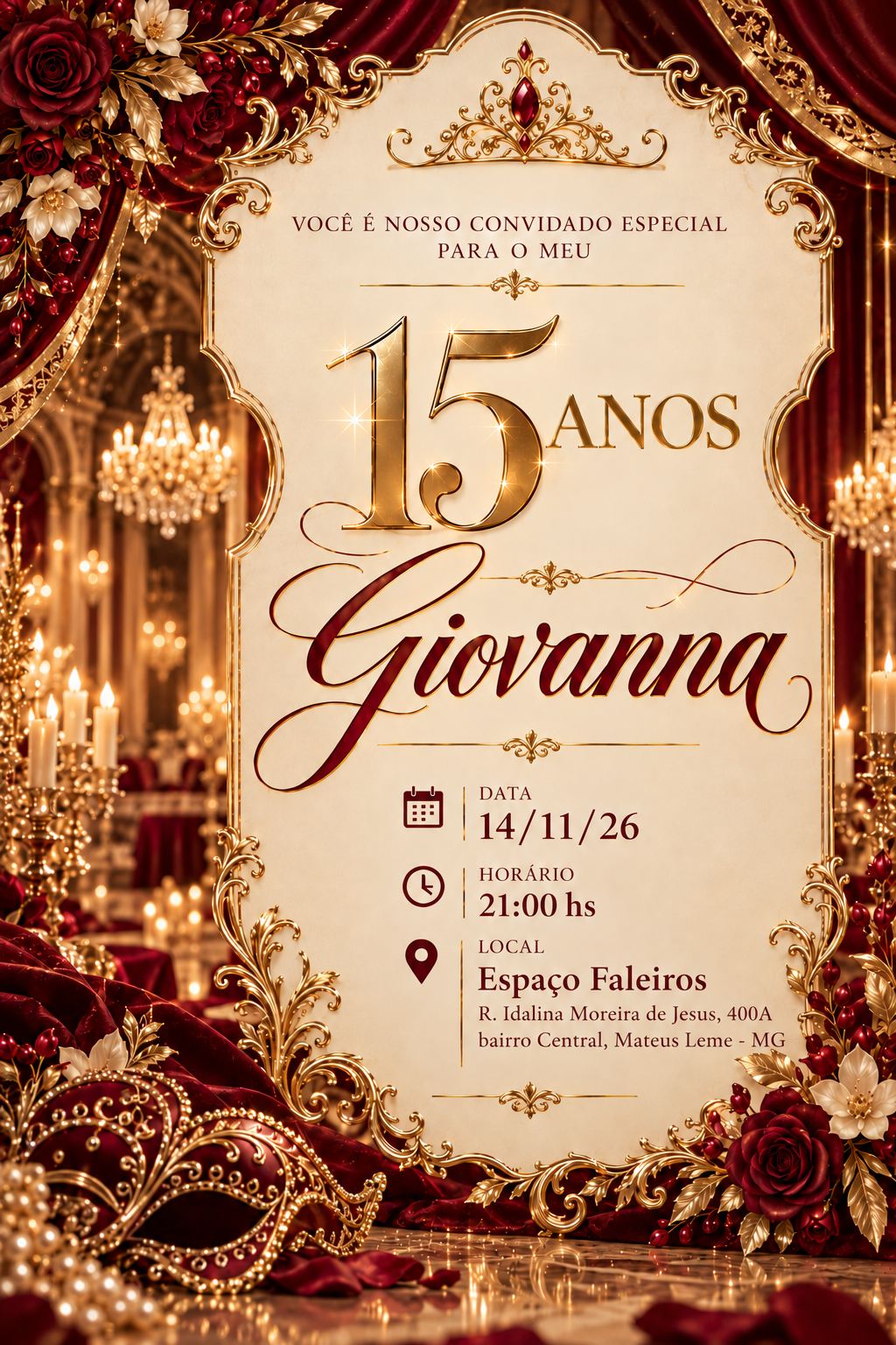 Giovanna, 15 anos, baile em 14 de novembro de 2026, às 21 horas, Espaço Faleiros, R. Idalina Moreira de Jesus, 400A, Bairro Central, Mateus Leme, MG